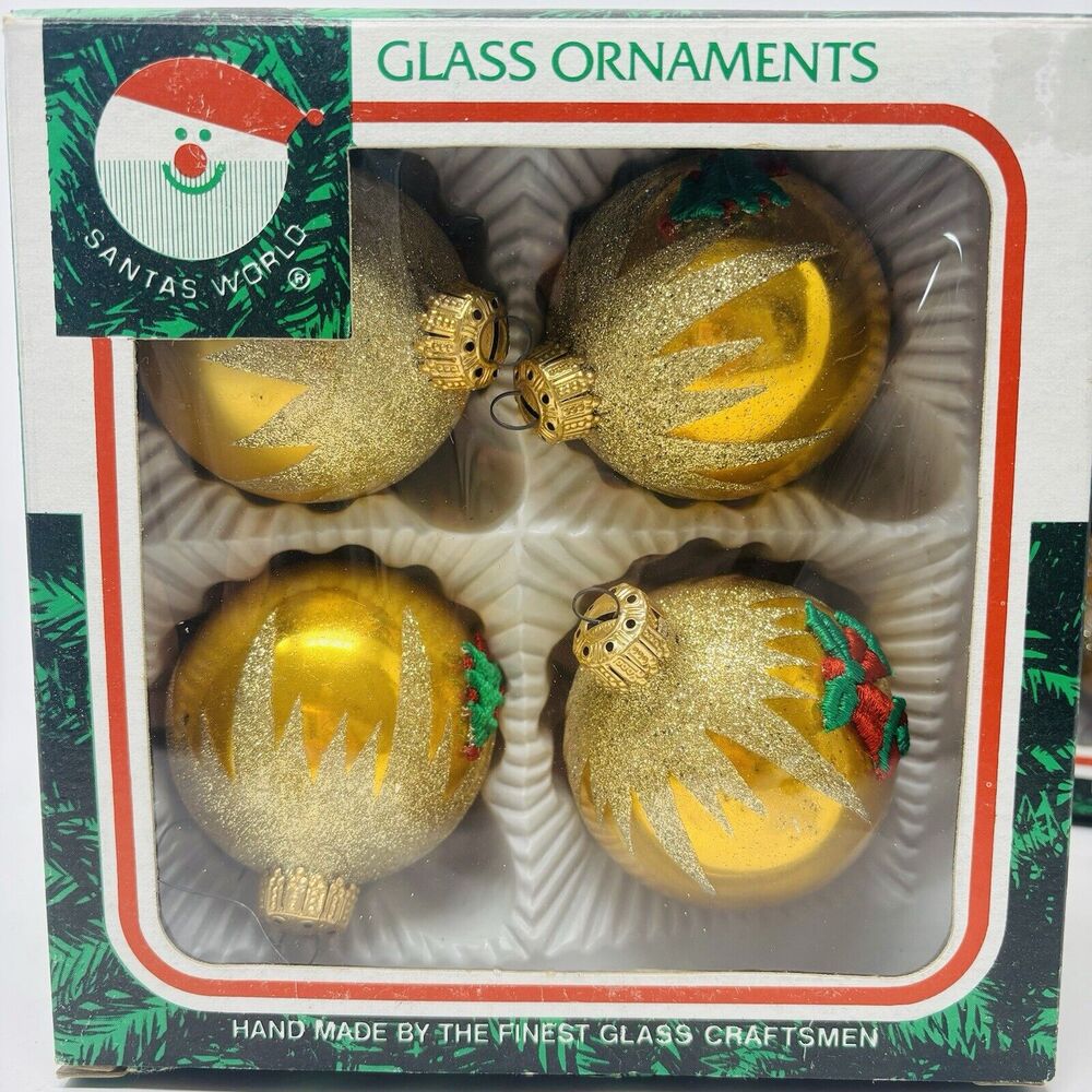 Vtg Santa’s World‎ Kurt Adler Glass Ornaments 4 Round 3D Glitter Gold Tree Bow